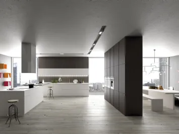 Cucina Moderna con penisola Forty5 02 in laccato opaco Bianco e Platino con colonne finitura Olmo Caffè di Valdesign