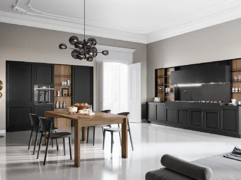 Cucina Moderna lineare in laccato poro aperto Nero e finitura Noce America Frida Modern di Arredo3