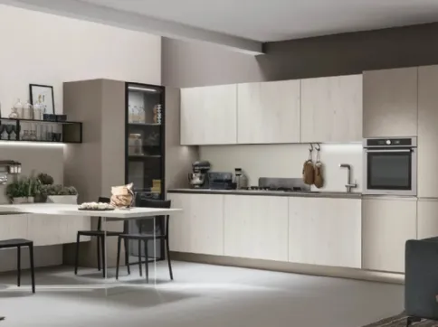 Cucina Moderna con penisola Infinity v12 in Termo Strutturato Larice Bianco e Cemento Visone di Stosa