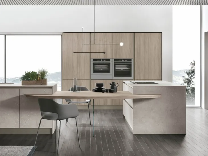 Cucina Moderna con isola Infinity v09 in Graniglia Fiume e Rovere Sesamo di Stosa