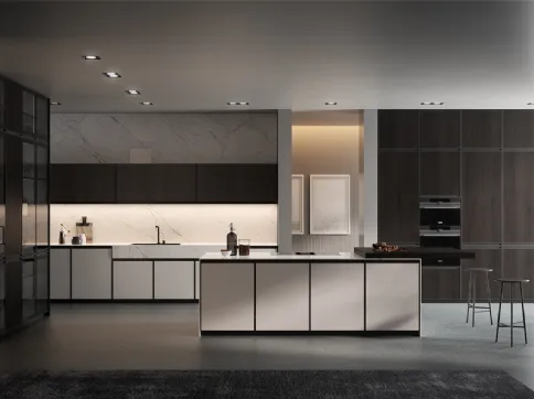 Cucina Moderna con isola in vetro opaco Bianco e Nebbia con top in Laminam Statuarietto Kronos di Arredo3