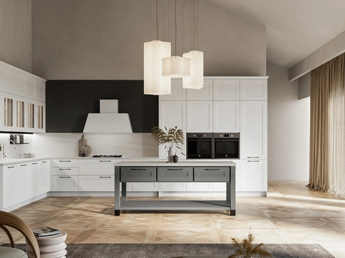 Cucina Moderna angolare Meg 03 in polimerico bianco e laccato fossile di Arredo3