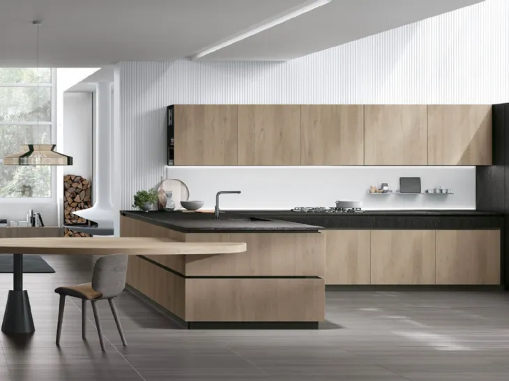 Cucina Moderna con penisola Natural v11 in Rovere Sahara di Stosa