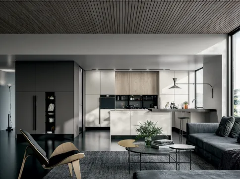 Cucina Moderna Round angolare con penisola in laminato Seta Bianco e Roccia con top in Quarzo di Arredo3