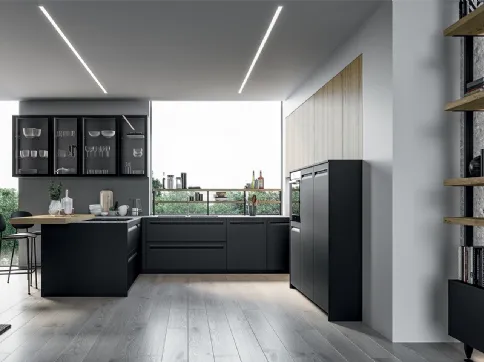 Cucina Moderna angolare Tekna in polimerico Nero opaco e laminato Rovere biondo di Arredo3