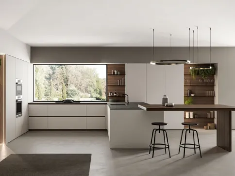 Cucina Moderna angolare laccato opaco Nebbia con penisola in Eucalipto Noce Time di Arredo3