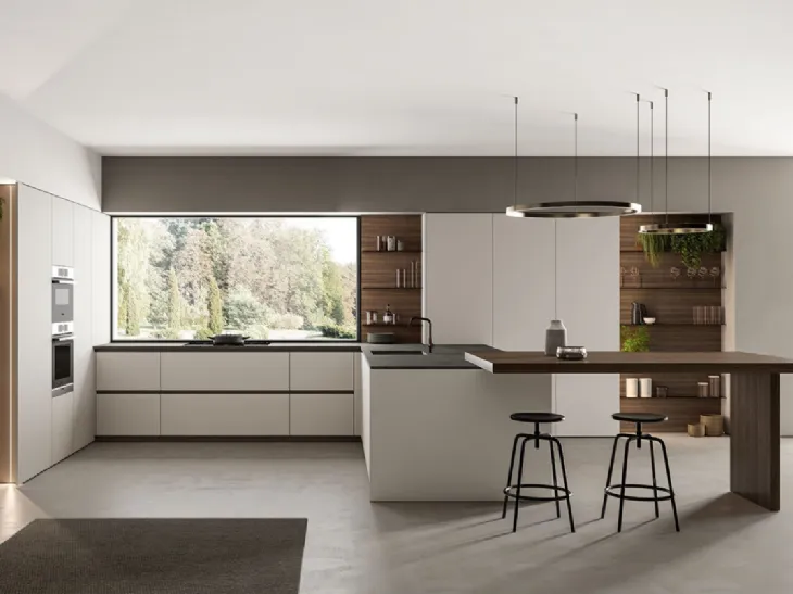 Cucina Moderna angolare laccato opaco Nebbia con penisola in Eucalipto Noce Time di Arredo3