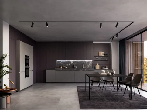 Cucina Moderna lineare in laminato Resina Cromo e impiallacciato Coke con top in ceramica effetto Marmo Nero rigato Wega di Arredo3